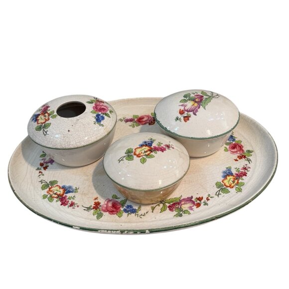 Antique English Earthenware Vanity Tray with Hair Receiver/Vanity bowl Set - Picture 3 of 17